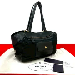 極 美品 希少品 保存袋付 PRADA プラダ 三角ロゴ 金具 レザー 本革 テスート ナイロン ハンドバッグ トートバッグ ブラック 黒  24781