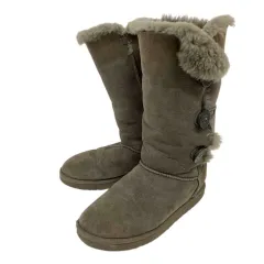 アグ UGG ミドルブーツ ロングブーツ ムートンブーツ ラウンドトゥ フラットヒール スエード 防寒 裏ファー 着脱ボタン US7 24.0cm グレー