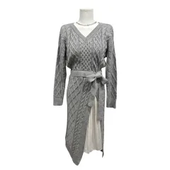 mercuryduo ヴィンテージ グレー Vネック ケーブル ニット ロング ONE PIECE