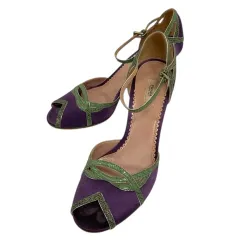 プラダ PRADA サンダル ラウンドトゥ オープントゥ ハイヒール ストラップ スエード 35 1/2 紫 パープル 緑 グリーン