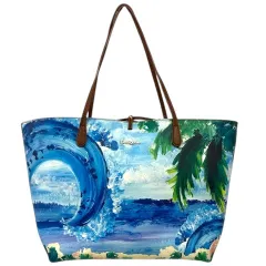 デシグアル Desigual ハンドバック トートバッグ 大容量 レザー 総柄 プリント ロゴ 海 ボタニカル スペイン オープントップ 閉じ紐 茶 ブラウン 青 ブルー 緑 グリーン