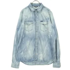 美品 DIESEL ディーゼル 長袖 デニムシャツ L ライトブルー ウォッシュ加工 ダメージ加工 メンズ 古着