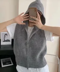 WHOゴージニットダブルジップアップBEST 帽子ノースリーブフーディーノースリーブベストカーディガン 季節の変わり目レイヤード レディーストップス