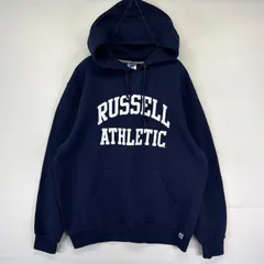 古着 ラッセル Russell パーカー フーディ 前Vガゼット ビッグロゴ スウェット L  ネイビー系 プリント メンズ