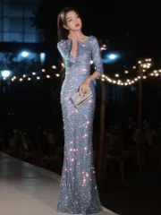 送料無料 ドレス ワンピース レディース 2026 ブルー スパンコール Uネック フィッシュテール ハイウエスト ロングドレス パーティー 年会 司会 XS S M L XL XXL かわいい 上品