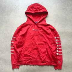 Champion メンズ パーカー フード付き ロゴ刺繍 袖プリント コットン混 レッド XL