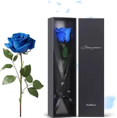 フェイスピーチ プリザーブドフラワー 一輪のバラ プレゼント 紙袋入り プロポーズ 周年記念日プレゼント 彼女 妻 誕生日プレゼント 結婚記念日 母の日 ドライフラワー ギフトボックス入り メッセージカード付き 母親 友達 女性 (ブルー,  大)