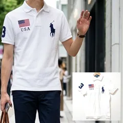 星条旗がアクセント【POLO BY RALPH LAUREN】ポロラルフローレン 半袖 ポロシャツ ビッグポニー 刺繡 ナンバー3 鹿の子 コットン 綿 ホワイト 白 紺 ネイビー 紺色 メンズ サイズXS S相当 /M44751jQ