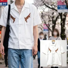 イーグルの刺繍がアクセント【ANREALAGE】アンリアレイジ 半袖 スナップボタン トップス 開襟シャツ 日本製 レーヨン コットン 綿 白 ホワイト 鷲 左右対称 メンズ 46 サイズL相当 /M44753jQのサムネイル