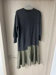チャコール&カーキ バイカラー ロング丈ワンピース