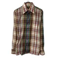 ～90s Arrow 長袖 チェックシャツ M レッド系 マルチカラー アロー ボタン 90年代 チェック柄 胸ポケット 襟芯 胸ポケット 春物 a804-5699