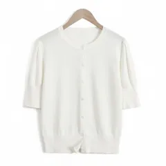 ☆ ホワイト ☆ Mサイズ ☆ ニットカーディガン トップス ニットカーディガン レディース 五分袖 カーデガン サマーニット 羽織 羽織り レディースカーディガン カーデ 上着 ニット 5分袖 薄手 薄い 丸首 シンプル 無地 サマー