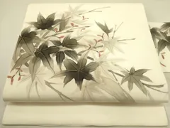 平和屋着物●塩瀬　九寸名古屋帯　手描き　枝楓文　金彩　三越扱い　逸品　DABE1326op