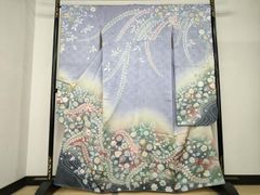 振袖 蝶 牡丹 菊 グラデーション 単衣振袖 正絹 213 水色御所車168cm 