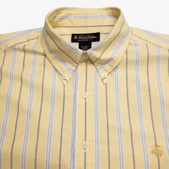 【L】Brooks Brothers（ブルックスブラザーズ）ボタンダウンシャツ イエロー×ネイビーストライプ / オックスフォード / Supima Cotton 100% ゴールデンフリース刺繍 Hong Kong製 メンズL相当