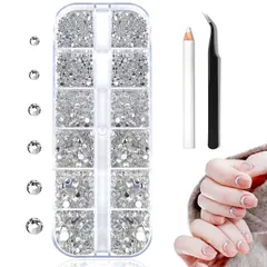 【在庫処分】ネイルを飾てと服装使用 クリアガラスストーン ネイルパーツ 大容量セット 高い採光 宝石 キラキラ ネイルアートパーツ 平底 立体 円形 ハンドメイド デコ ネイル ラインストーン 収納ケース付き 1.5-5mm 6サイズ ネイルラインストーン