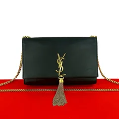 極 美品 SAINT LAURENT サンローラン YSL ロゴ 金具 レザー 本革 タッセル チェーン ショルダーバッグ ポシェット ブラック  75538