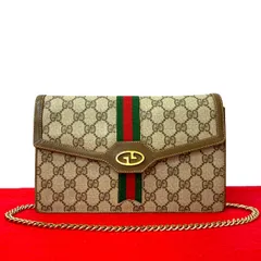 極 美品 GUCCI グッチ オールドグッチ ヴィンテージ シェリーライン GG ロゴ 金具 レザー チェーン ミニ ショルダーバッグ ブラウン 29496