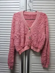 華奢 ピンク クロップド ファー カーディガン
