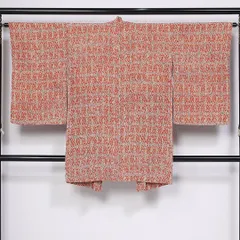 アンティーク 羽織 袷 身丈93cm 裄丈63cm 正絹 Aランク Sサイズ 紐あり 花柄 レトロ オリエンタル 朱系 M4 1232-10259