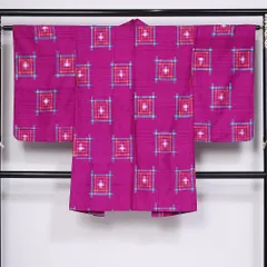 アンティーク 羽織 袷 身丈98cm 裄丈62cm 正絹 Aランク Sサイズ 紐あり 格子 レトロ 鮮やか ピンク系 M4 1232-10268