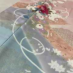 付下げ 金彩 扇に花模様 着物 正絹 X-083