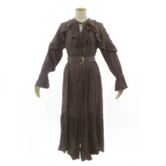 リリーブラウン Lily Brown ベルテッドワッシャーフリルワンピース LWFO224069 リボン 長袖 キャンディスリーブ ロング丈 ウエストゴム ベルト付き ブラウン系 エンジブラウン系 F