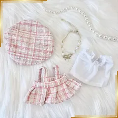【新品】 【ぬい服】 ツイードぬい服【10~15cm用】 ワンピース・シャツ・ベレー帽・ネックレス 4点セット ピンク [並行輸入品] 1