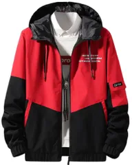 [エンプティオ] フード付き アウトドア ジップアップ ジャケット メンズ 襟なし 軽量 プリント アウター ライン バックプリント ワンポイント フィット アルファベット ジャンパー オーバーサイズ もこもこ モコモコ 暖かい 防 [レッドブラック] [M]