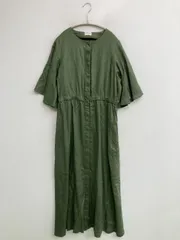 SHIPS any ワンピース グリーン リネン・麻 無地 半端袖 ロング・マキシ丈 フレア