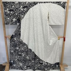 訪問着 辻が花 黒 ライトグレー モノトーン 身丈165cm トールサイズ 