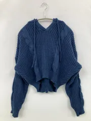 ニット/セーター ブルー 無地 ショート丈 長袖 Vネック