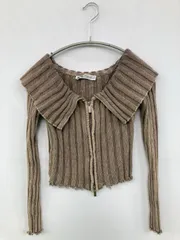 ZARA ザラ ニット/セーター USA S ブラウン コットン ニット 無地 ショート丈 長袖 オフショルダー