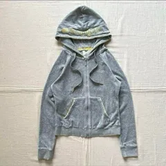 希少モデル　archive　アーカイブ　adidas　アディダス　ベロア生地　フードデカロゴ刺繍　フルジップアップ　パーカー型　短丈トラックジャケット　ジャージ　グレー×イエロー　首ヒモ　M　Y2K　平成ギャル　グランジ　zip-up velour parka