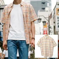 90sビンテージ香港製【L.L.Bean】エルエルビーン 半袖 シャツ ボタンダウン チェック柄 格子柄 コットン 綿100% オレンジ 橙色 イエロー 黄色 ワーク アウトドア メンズ サイズL 2XL相当 /M44777jQ