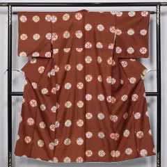 アンティーク 紬 袷 身丈146cm 裄丈62cm 正絹 Bランク バチ衿 XSサイズ 丸文 創作柄 レトロ ポップ 茶系 RP 1223-10882