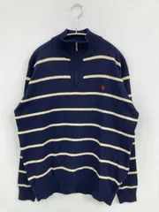 POLO ポロ ニット/セーター M ネイビー ボーダー柄 ワンポイント 刺繍 ミドル丈 長袖 タートルネック/ハイネック ナイロン