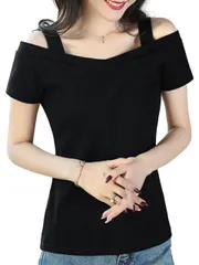 [ブブ オーハナ] Tシャツ ショルダー カット ポートレート レディース 女性 シャツ 服 ティーシャツ ティシャツ トップス カットソー オフショル オフショルダー ショルダーカット ポートレートVネック 春服 夏服 秋服 冬服 (M [ブラック] [M]