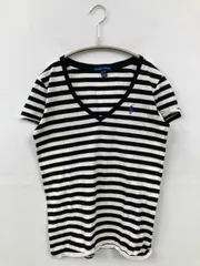 Ralph Lauren ラルフローレン Tシャツ/カットソー XS ブラック ボーダー柄 ワンポイント ミドル丈 半袖 Vネック