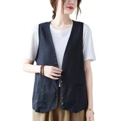 カットソー 体型カバー Vネック 通勤 チョッキ 重ね着風 ベスト綿麻 大きいサイズ 薄手 無地 カーディガン 着?せ カジュアル トップス 袖なし ジレベスト サマーベスト サマーベスト 麻 綿 夏 ポケット付き レディース ベスト