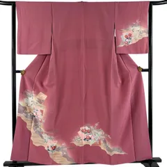 付下げ 身丈158.5cm 裄丈64cm M 袷 色紙 草花 金銀彩 ぼかし 濃ピンク 正絹 秀品 【中古】