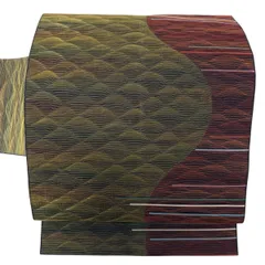 名古屋帯 優品 幾何学 縞 茶緑色 正絹 【中古】