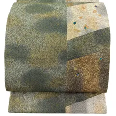 【美品】 袋帯 秀品 花びら 幾何学 螺鈿 金彩 よもぎ色 六通 正絹 【中古】