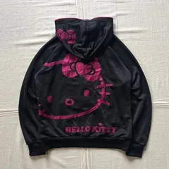 希少　archive　HELLO KITTY　ハローキティ　キティちゃん　フルジップアップパーカー　短丈　水玉・ドット柄裏地付きフード　ジャージ生地　光沢感　両面ラメロゴプリント　キャラクター&リボン　ブラック×ピンク　ハート型ジップ　L　Y2K　平成ギャル