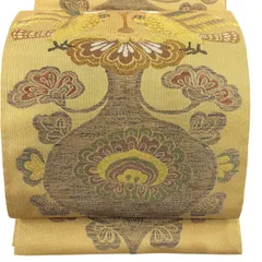 【美品】 袋帯 名品 本金 描絵双鳥文 金糸 箔 金色 六通 正絹 【中古】