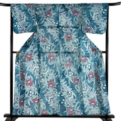 浴衣 身丈159.5cm 裄丈64cm M 絞り浴衣 桔梗 青緑 綿 名品 【中古】