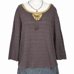 日本ヴィンテージ ウッドリボン紐 ミニエンブロイダリーパータン オーバTシャツ ブラウン森ガールはぐみLOOK ギャル y2k