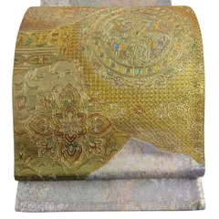 袋帯 秀品 関西仕立て 連珠文 華文 螺鈿 金彩 灰紫 お太鼓柄 正絹 【中古】