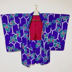 羽織 銘仙 紫 幾何学柄 葉柄 しつけ糸付き 美品 昭和レトロ アンティーク