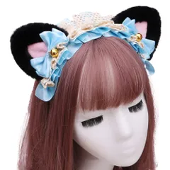 [FUPUTWO] ヘッドドレス ロリータ ねこ耳 カチューシャ メイド リボン コスプレ 髪飾り (黒耳・ブルー) [黒耳・ブルー]